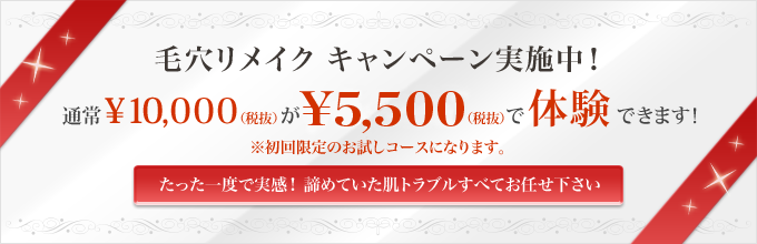 毛穴リメイクキャンペーン実施中! 通常税抜き10000円が5500円で体験できます!